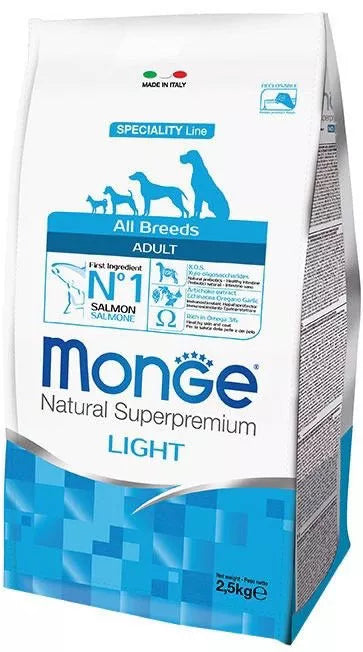 Monge Light adult sausas pašaras suaugusiems šunims su lašiša ir ryžiais 12kg