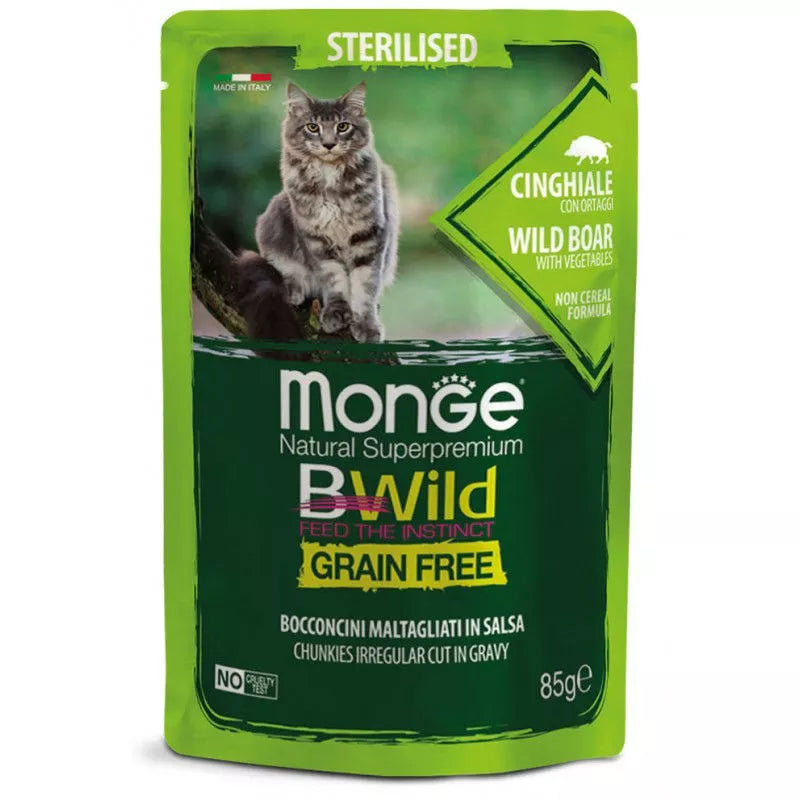 Monge BWild kons. pašaras sterelizuotoms katėms su šerniena ir daržovėmis padaže 85g