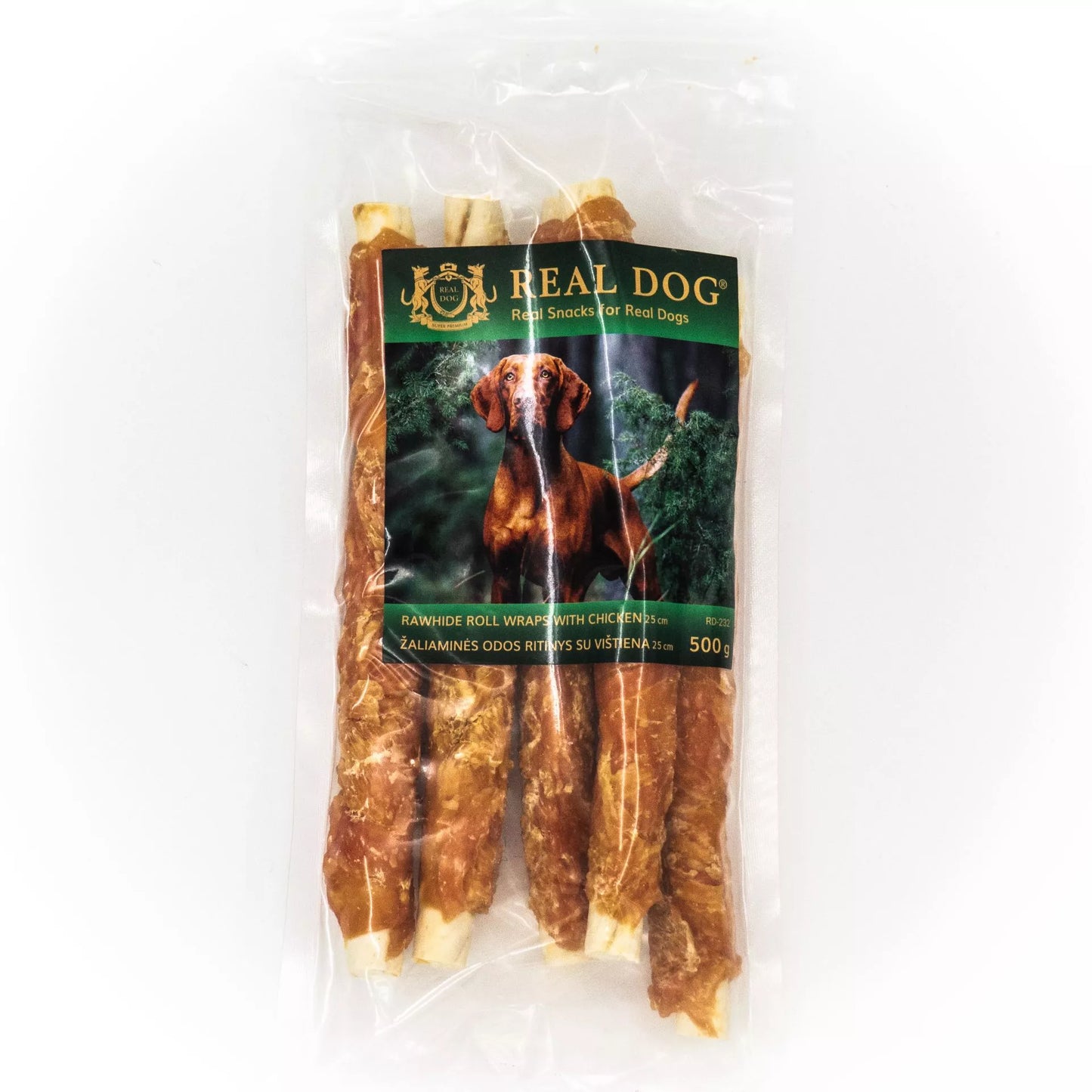 Real Dog SNACKS Žaliaminės odos ritinys su vištiena 25cm 500g