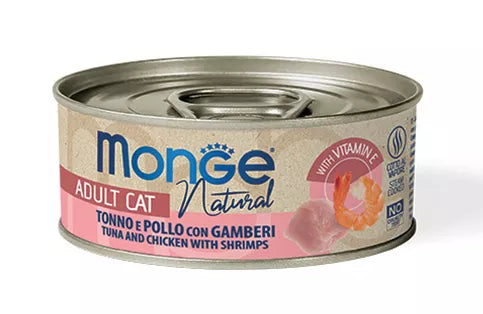 Monge kons.pašaras katėms su tuno, vištienos ir krevečių gabalėliais savo sultyse 80g