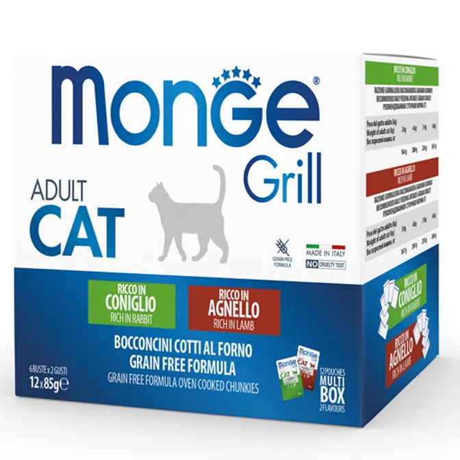Monge Grill konservuotas pašaras sterilizuotoms katėms mix su aviena/triušiena 85g x12