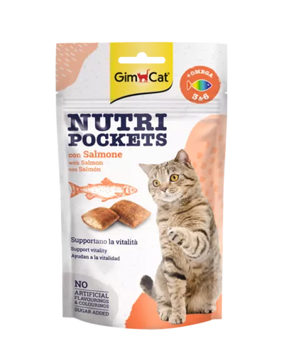 GimCat Nutri Pockets with Salmon & Omega 3&6 skanėstai katėms su Lašiša, Omega 3 ir 6 riebalų rūgštimis 60g