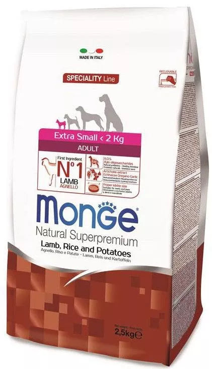 Monge extra small adult sausas pašaras (ėriena ir ryžiai) 2,5kg