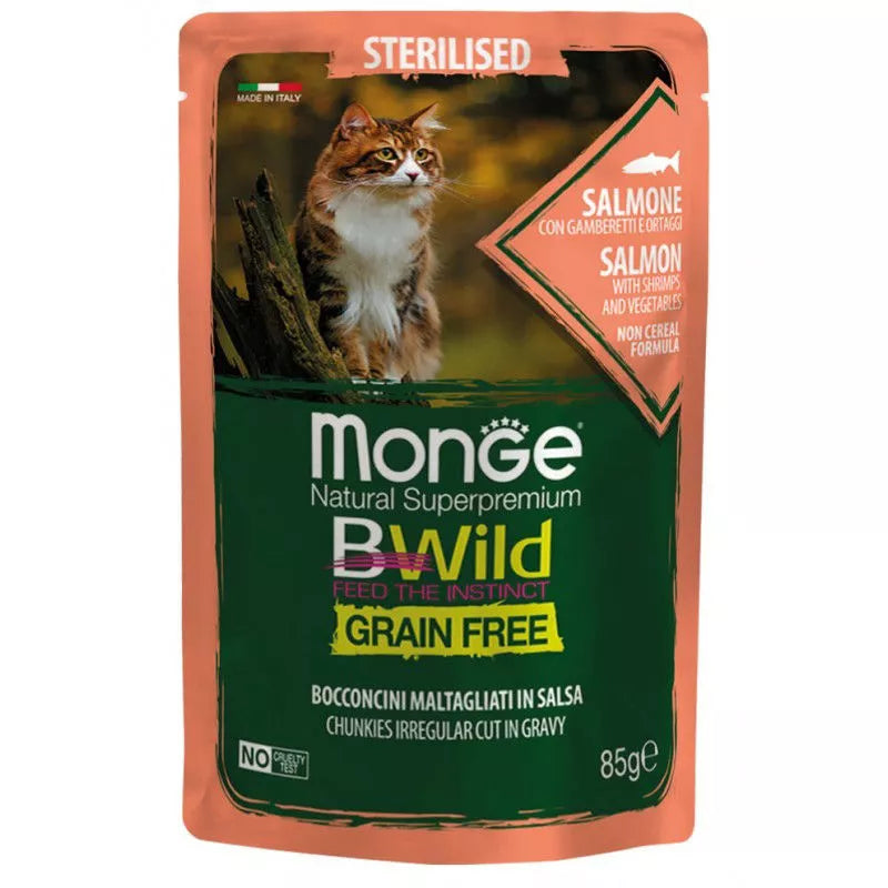 Monge BWild kons.pašaras sterilizuotoms katėms su lašiša, krevetėmis ir daržovėmis padaže 85g