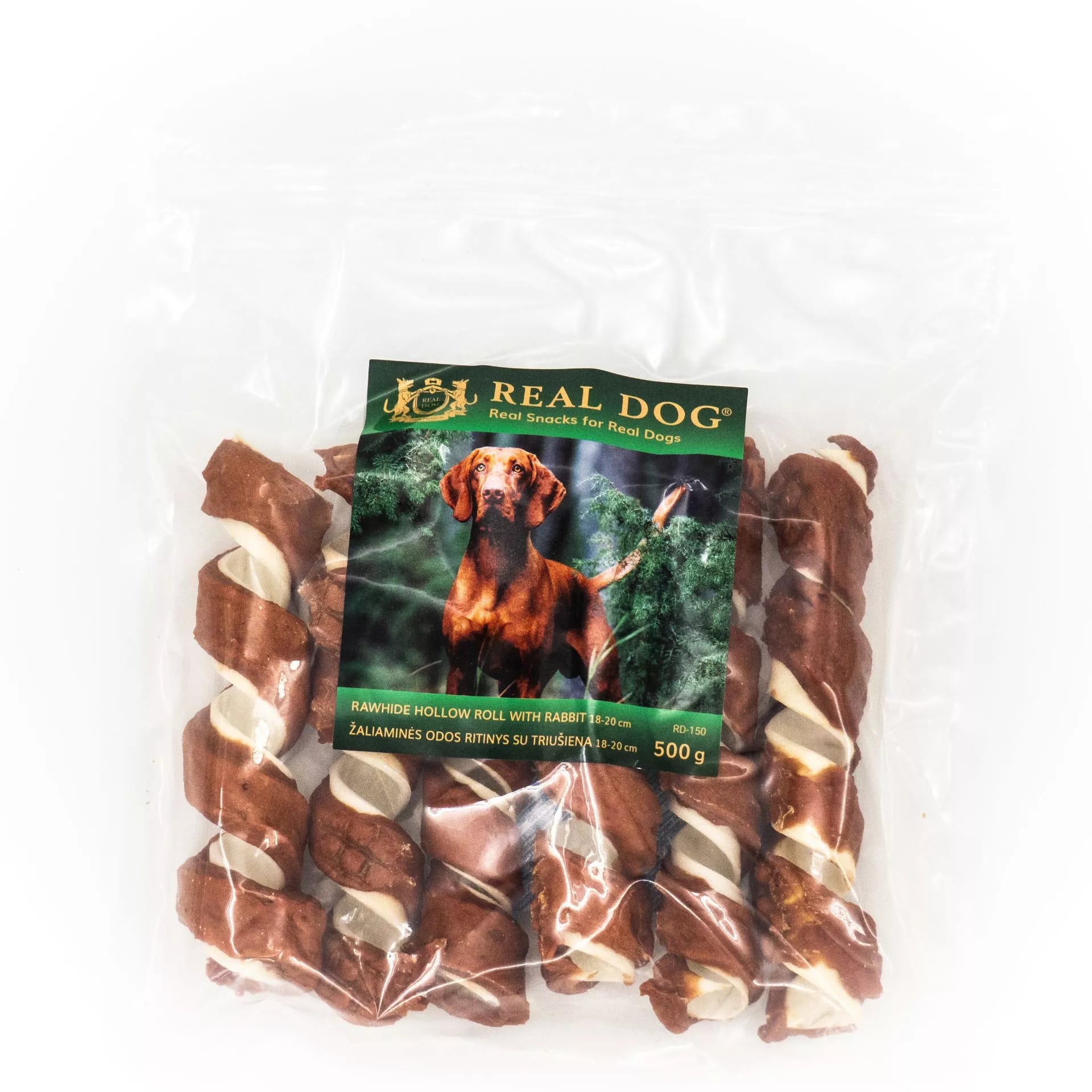 Real Dog SNACKS Žaliaminės odos ritinys su triušiena 18-20cm 500g