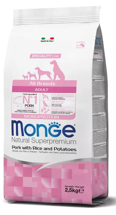 Monge spec. line adult sausas pašaras suaugusiems šunims su kiauliena, ryžiais ir bulvėmis 12kg
