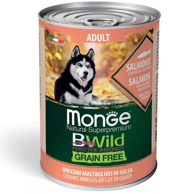 Monge Bwild adult konservuotas pašaras su lašiša, moliūgais ir cukinijomis 400g
