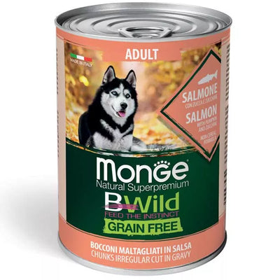 Monge Bwild adult konservuotas pašaras su lašiša, moliūgais ir cukinijomis 400g