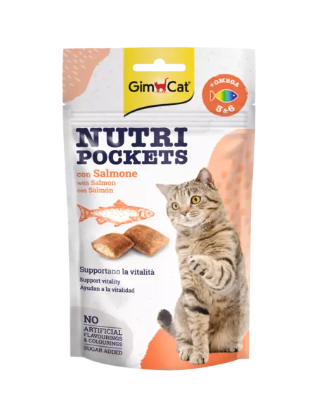 GimCat Nutri Pockets with Salmon & Omega 3&6 skanėstai katėms su Lašiša, Omega 3 ir 6 riebalų rūgštimis 60g