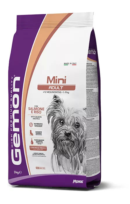 Gemon mini adult visavertis pašaras suaugusiems šunims su lašiša ir ryžiais 3kg