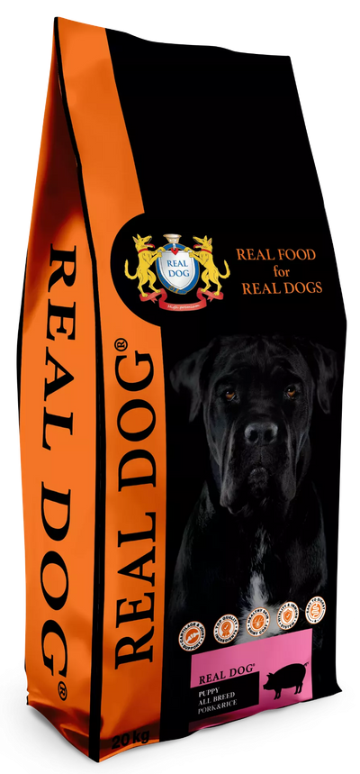 Real Dog Puppy-Junior All Breeds su kiauliena ir ryžiais 20kg